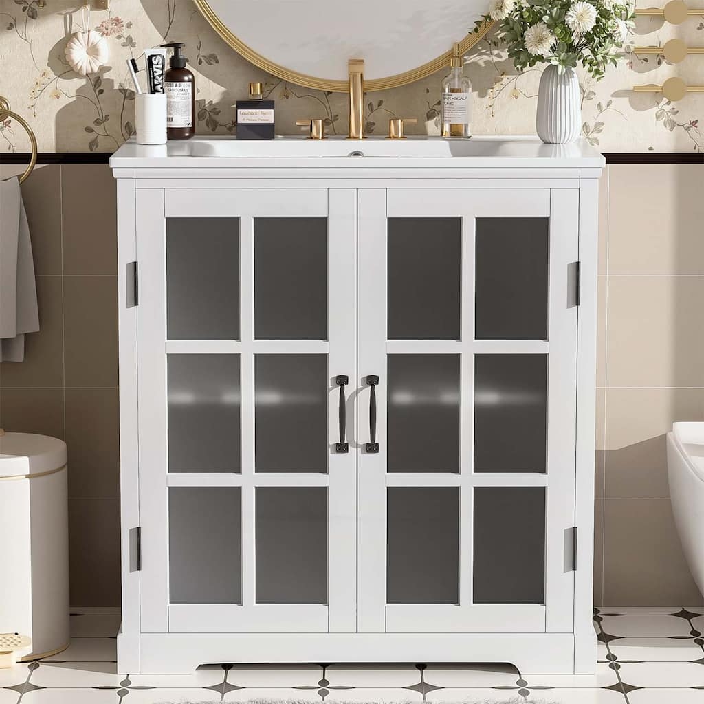 30 Inch Modern Bathroom Vanity with Ceramic Sink,Tempered Blurred Glass,and Large Storage