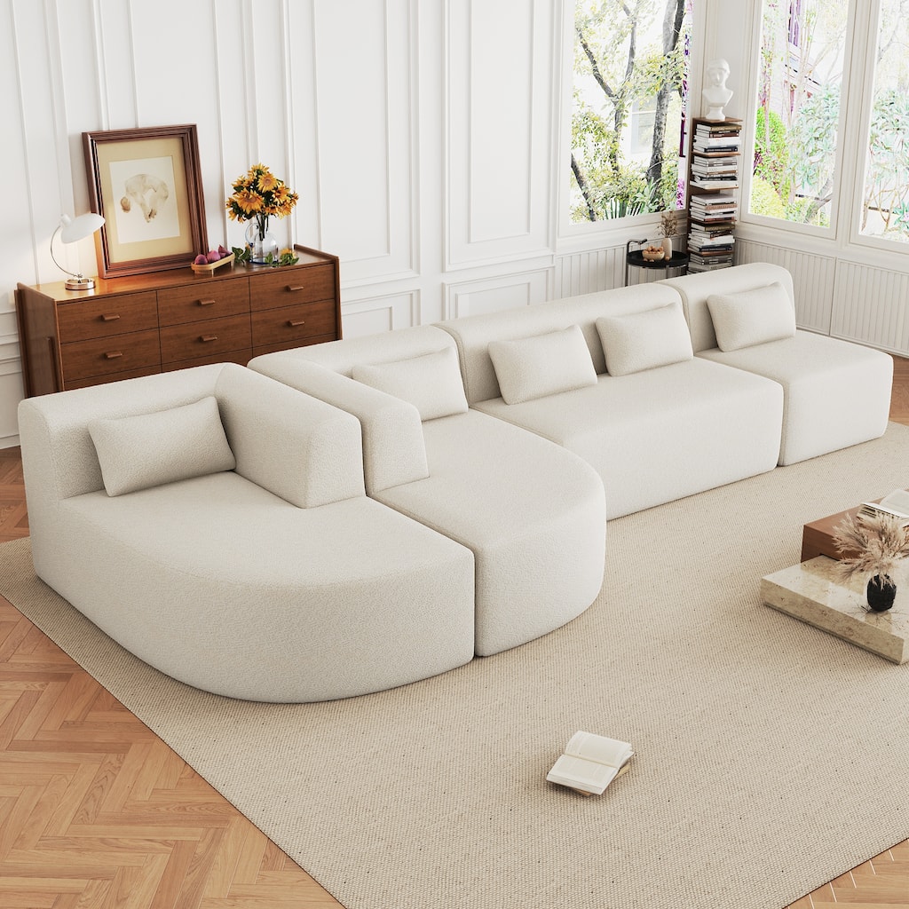 Modern Modular L Shaped Sofa with Curved Chaise Lounges and Boucle Upholstery Five Back Pillows for Living Room