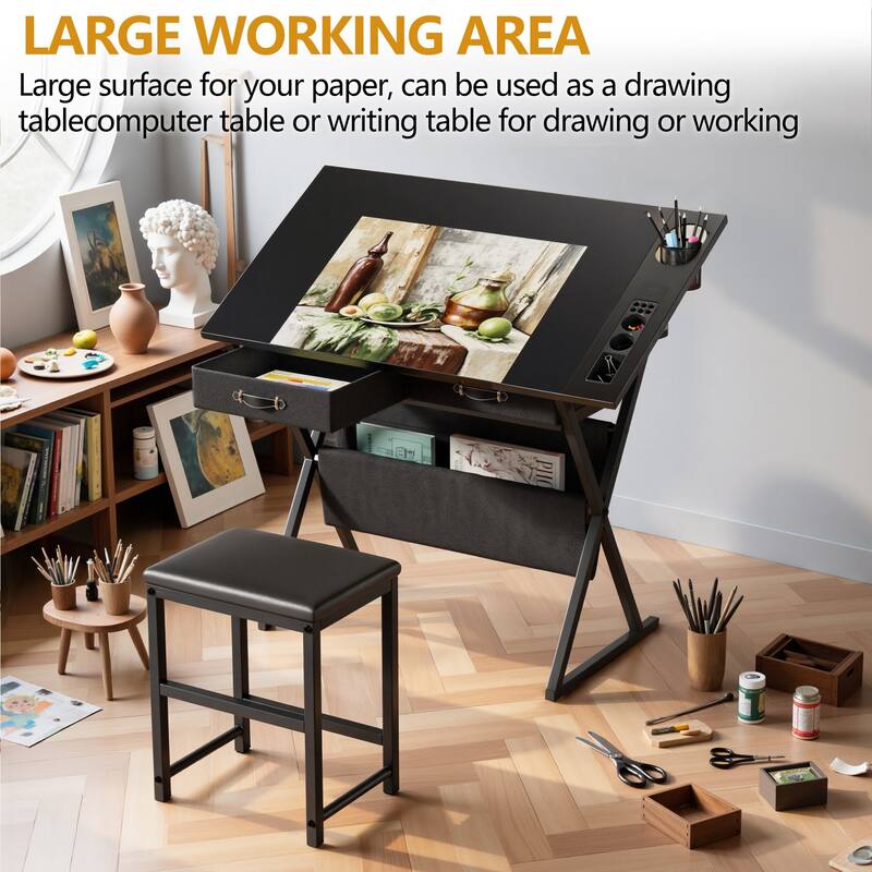 VECELO Drafting Table Set with Stool Set of 2 Tilting Art Desk with Pencil Ledge Storage Drawers with X-Frame for Home Studio