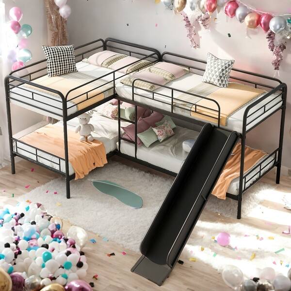 slide 2 of 12, Twin Size 4 Beds in 1 L-Shaped Bunk Bed with Slide and Ladder,Modern Design,Easy Assembly,Black Black