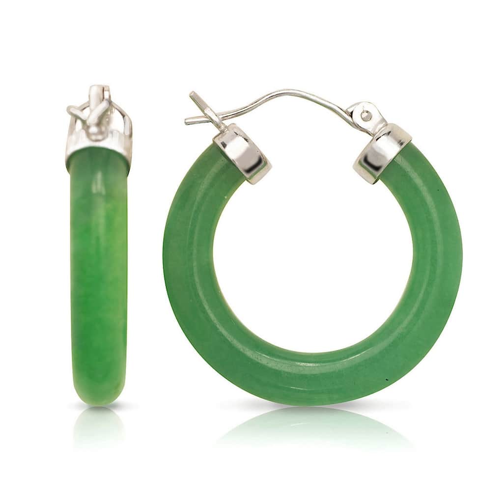 Curata Sterling Silver/Rhodium Green and Lavendar Jade or Black Onyx Tube Hoop Earrings (4mm x 26mm)