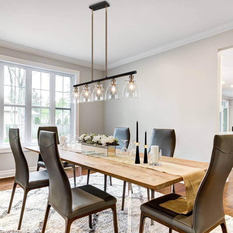 Modern 5-Light Black Gold Chandelier Linear Glass Island Lights for Dining Room - 38" L x 5" W x 8" H