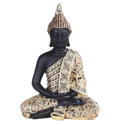 Q-Max 9.5"H Black and Gold Meditation Buddha Statue Feng Shui Decoration Religious Figurine