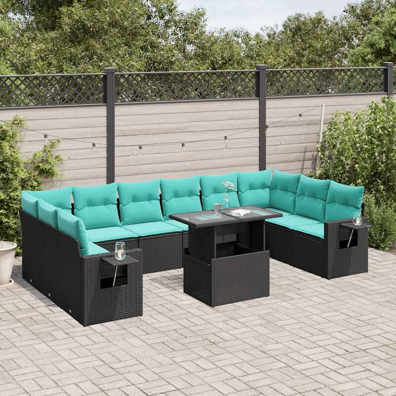 vidaXL 11 Piece Patio Sofa Set with Cushions Black/Gray Poly Rattan - 24.4 x 24.4 x 27.2