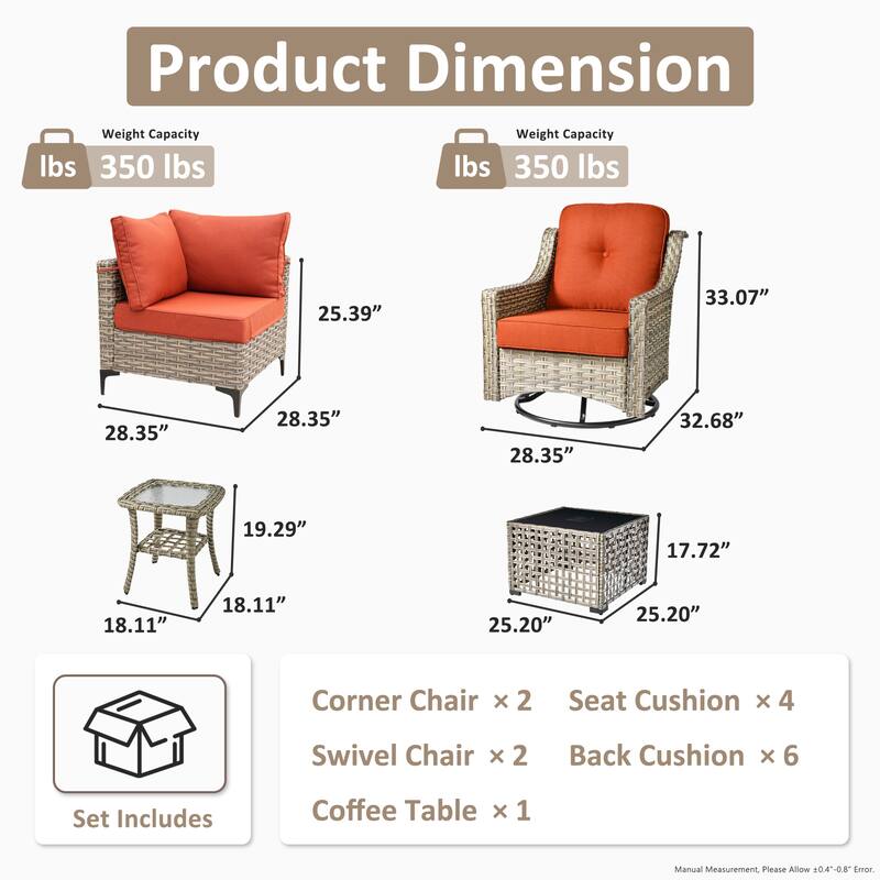 OVIOS 6 Pieces Outdoor Wicker Swivel Chair Set With Solar-Powered Coffee Table