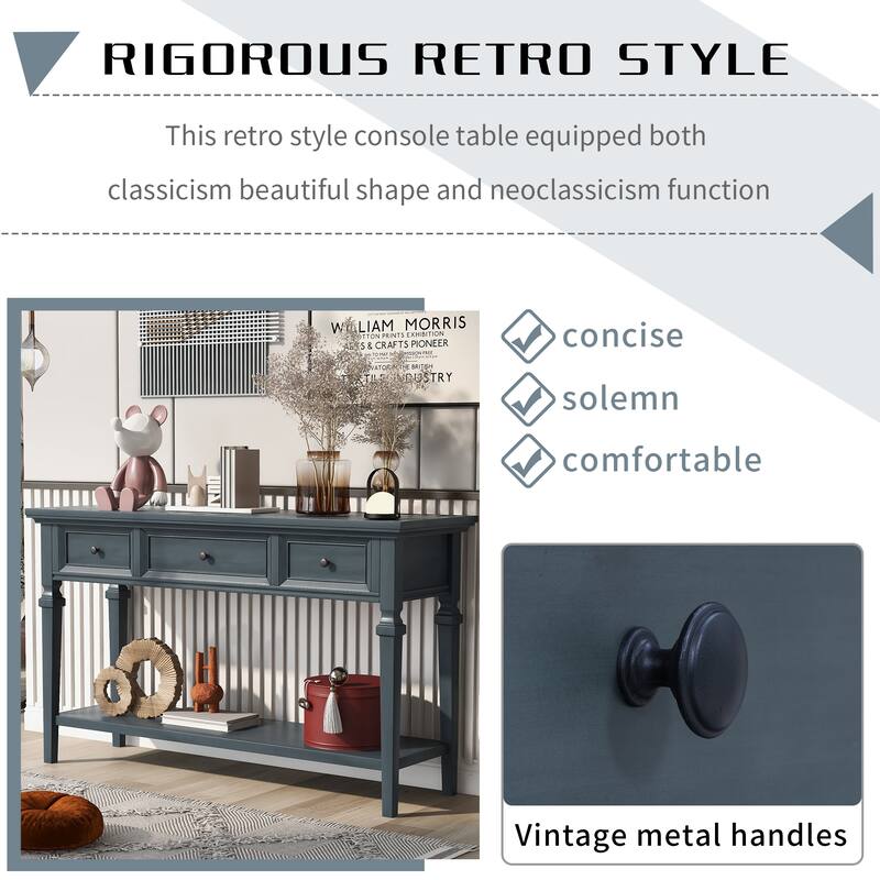 Retro Console Table with 3 Drawers and Bottom Shelf