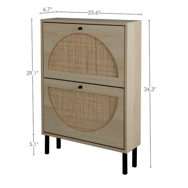 Rattan Shoe Organizer Storage Cabinet-Natural Wood