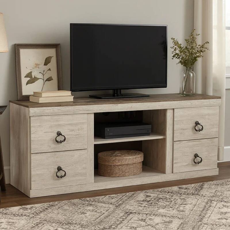 60 Inch Rustic TV Media Entertainment Console, Round Handles, Wood, White