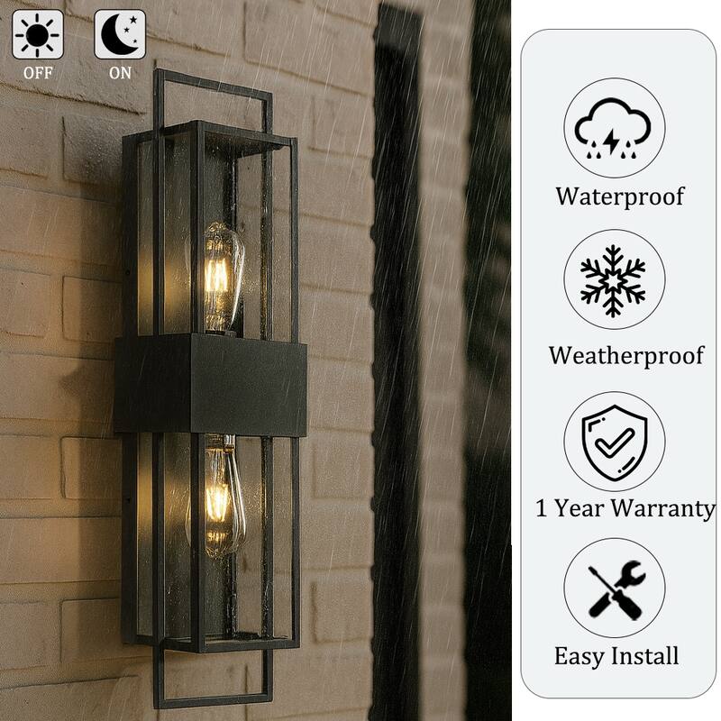 Modern Outdoor Wall Light with Dusk to Dawn Sensor with Seeded Glass 2-Light Waterproof Black Sconce for Porch Garage(2 Pack)