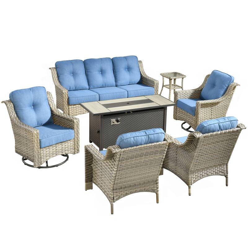HOOOWOOO 7-piece Wicker Rattan Outdoor High Back Conversation Set with 54" Fire Pit