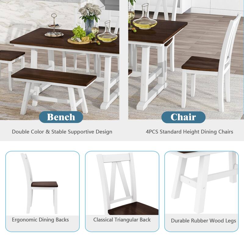 6-Piece Dining Table Set with Sturdy Rubberwood and Multifunctional Chairs and Bench for Family Meals