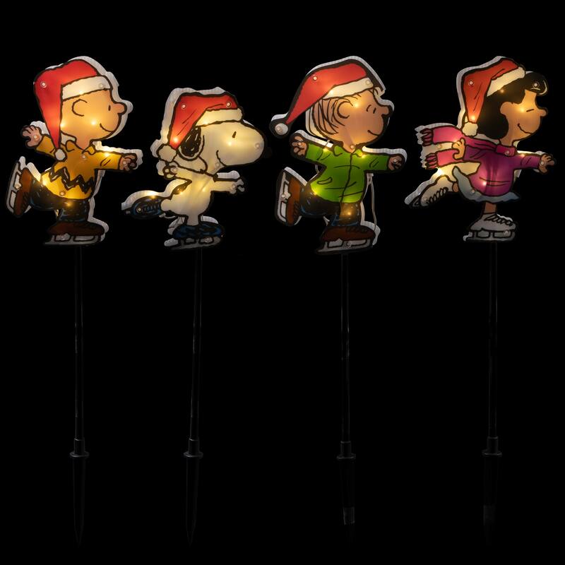 4 Snoopy Peanuts Ice Skating Christmas Pathway Markers Clear Lights - Red