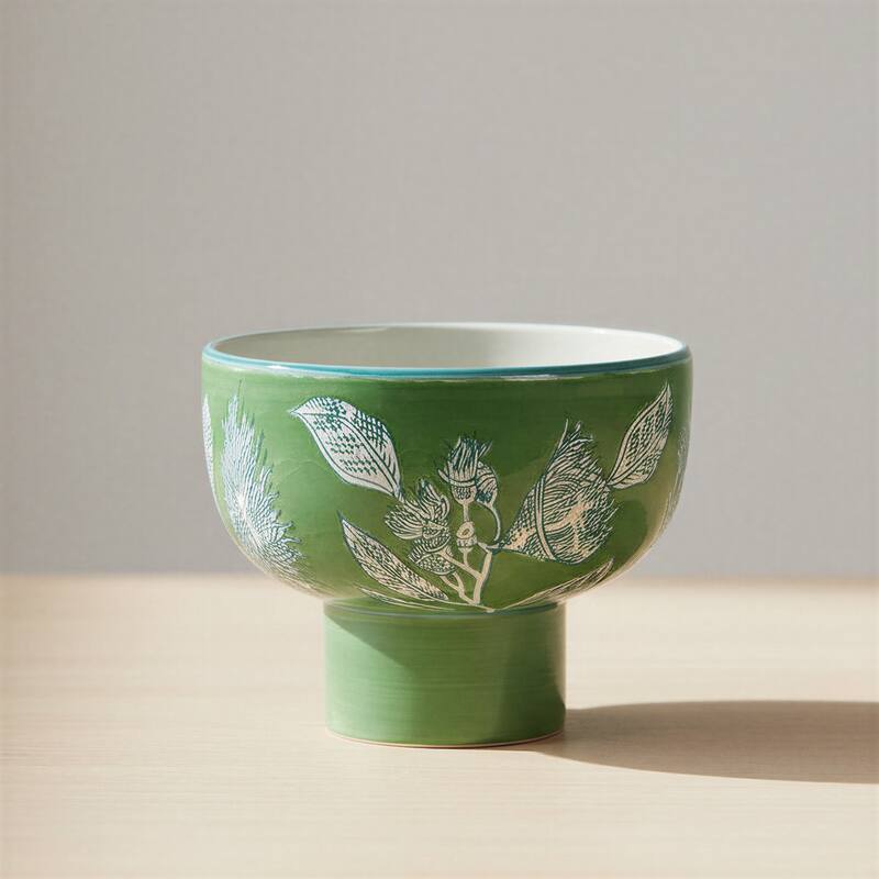Stoneware Pedestal Bowl with Botanical Detailing - 8.25"L x 8.25"W x 6.5"H - Green