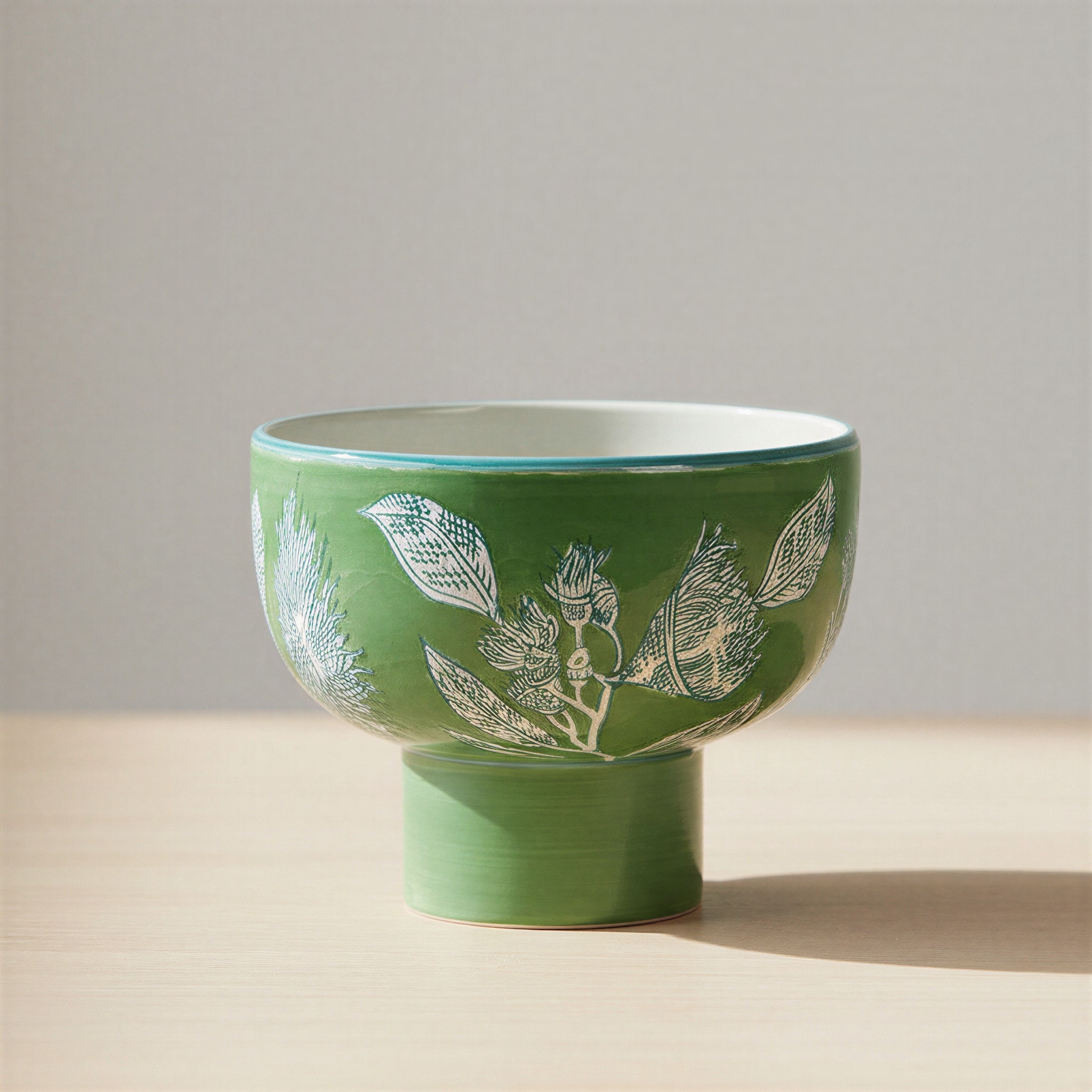 Stoneware Pedestal Bowl with Botanical Detailing - 8.25"L x 8.25"W x 6.5"H
