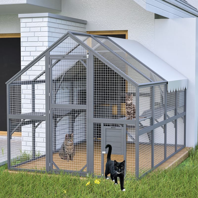 Extra Spacious Outdoor Catio - 110" Luxury Cat Haven with Roof, Ramp, Pod Bed & Lounging Huts