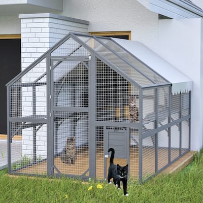 Extra Spacious Outdoor Catio - 110" Luxury Cat Haven with Roof, Ramp, Pod Bed & Lounging Huts