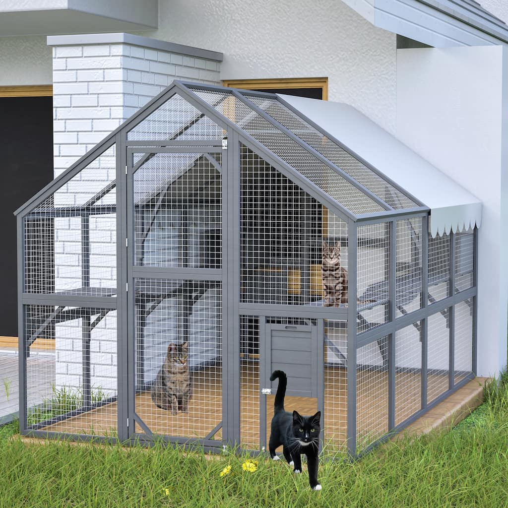 Extra Spacious Outdoor Catio - 110" Luxury Cat Haven with Roof, Ramp, Pod Bed & Lounging Huts
