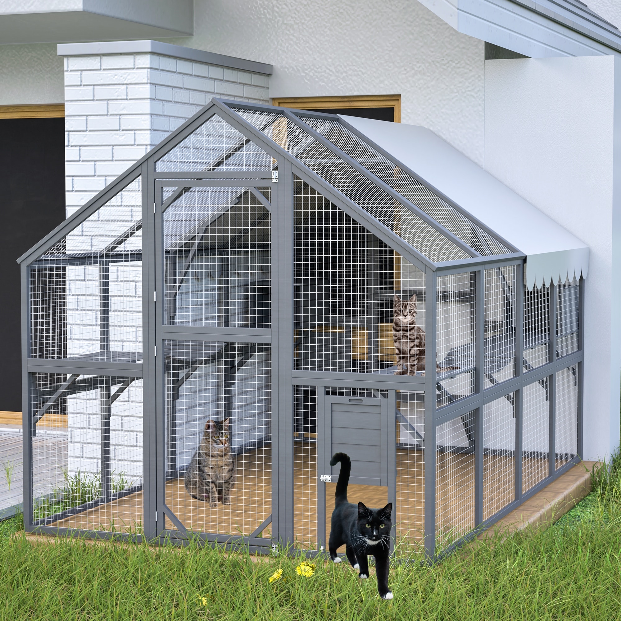 Extra Spacious Outdoor Catio - 110" Luxury Cat Haven with Roof, Ramp, Pod Bed & Lounging Huts