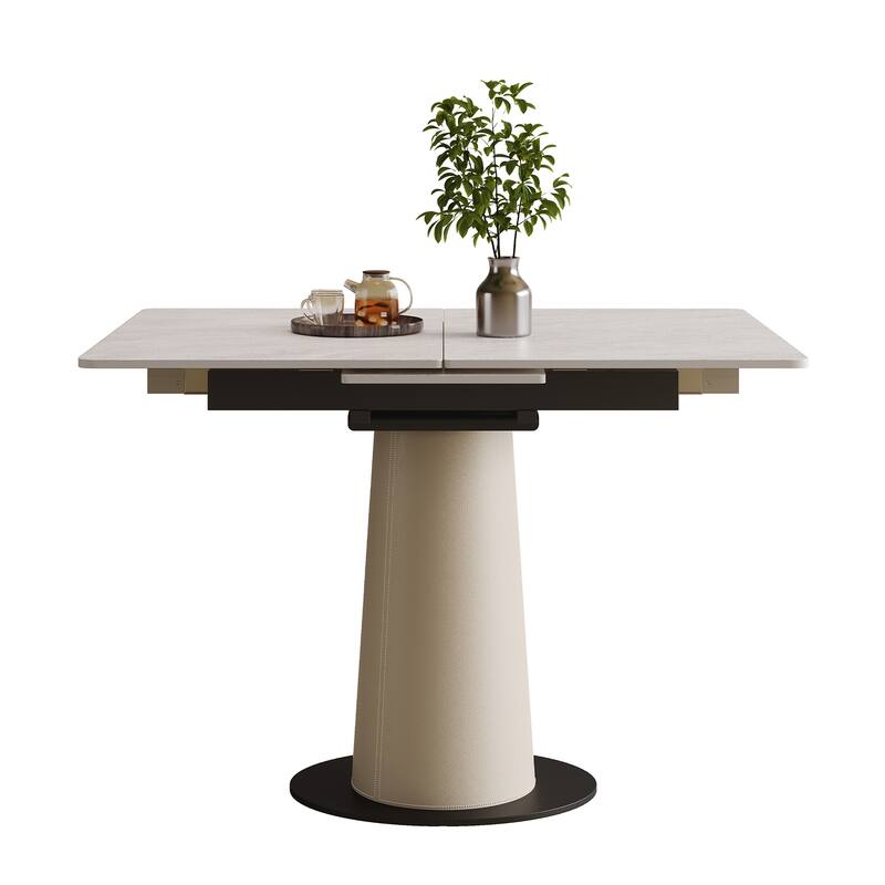 Retractable Rock Slab Folding Dining Table, Modern Square Expandable Table with Leather-Wrapped Stainless Steel Base - White
