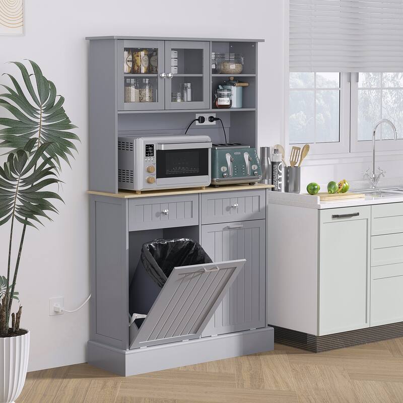 HOMCOM 68" Kitchen Pantry Cabinet with Charging Station, 2 Tilt Out Trash Cabinets and Microwave Stand - Grey