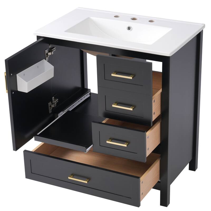 30" Black Bathroom Vanity with Sink - Solid Wood & MDF, Soft-Close Drawers, Modern Freestanding Storage Cabinet