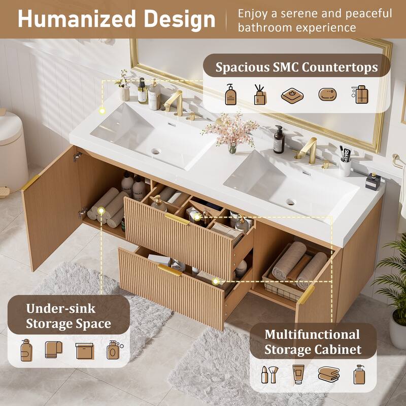 59.3" Double Sink Bathroom Vanity with SMC Resin Countertop, Wall-Mounted Floating Design, and Soft-Close Doors