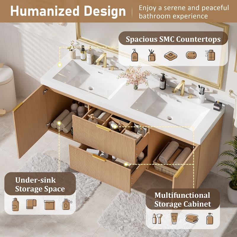 59.3" Double Sink Vanity with SMC Top & Soft-Close Doors, Wall-Mounted Modern Bathroom Storage