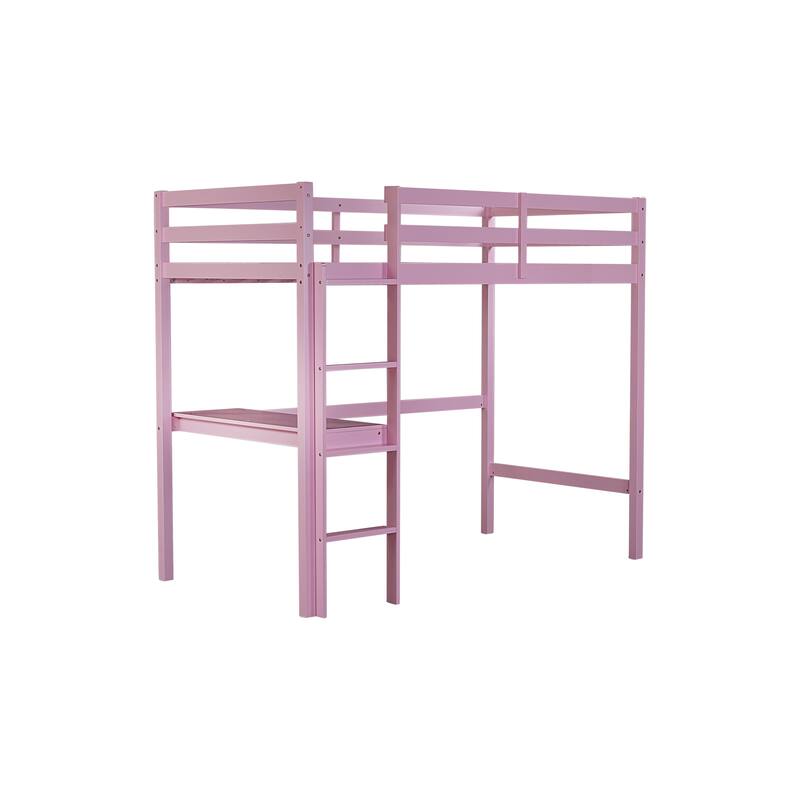 Pink Twin High Loft Bed with Safety Guardrail, Built-in Desk and Ladder, Rubber Wood Construction