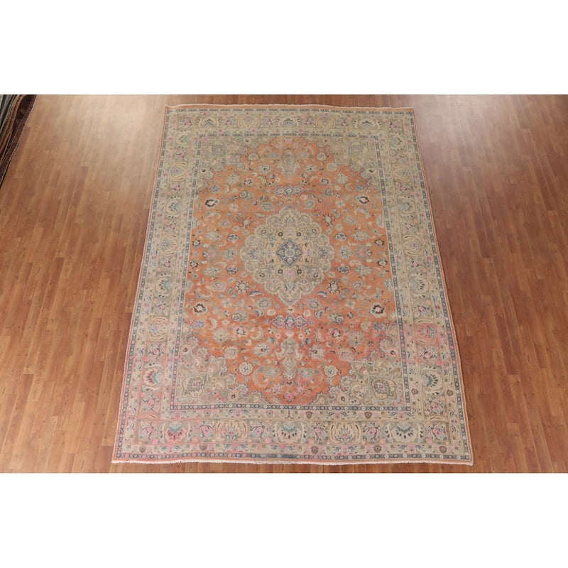 Hand Knotted Oriental 100% Wool Carpet Traditional Floral Oranges & Rust Mashad Area Rug - 11' 2'' X 8' 1''