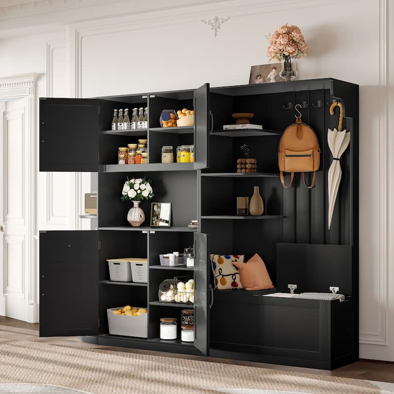 Multifunctional Left-Right Combination Hall Cabinet With Storage And 4 Hooks, Storage Cabinet/ Hall Tree 2 In 1
