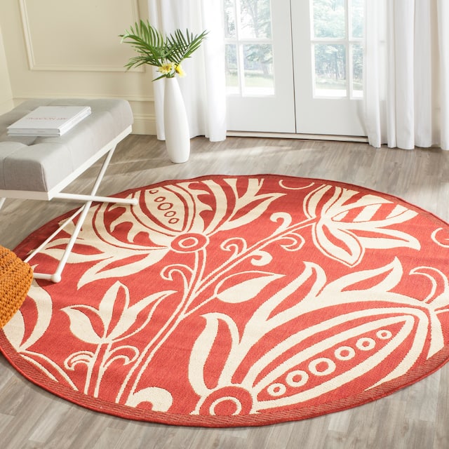 SAFAVIEH Courtyard Leatrice Indoor/ Outdoor Patio Backyard Rug - 6'7" x 6'7" Round - Red/Natural