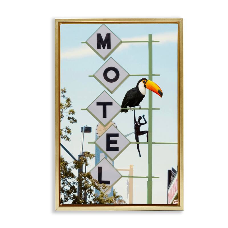 Stupell Toucan on Motel Sign Framed Floater Canvas Wall Art Design By Ashley Singleton - 21 x 31 - Gold