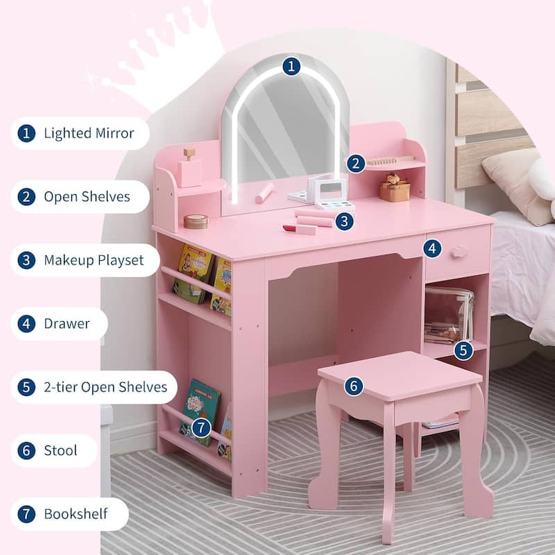 2 in 1 Kids Vanity Table & Stool with Lighted Mirror, Bookshelf and Makeup Palyset