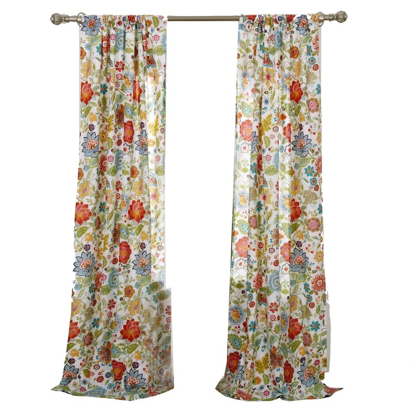 84 Inch Window Two Panel Curtain, Red and Blue Flowers, Polyester, Back Ties
