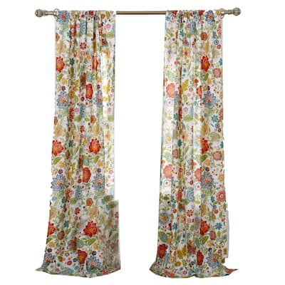 84 Inch Window Two Panel Curtain, Red and Blue Flowers, Polyester, Back Ties