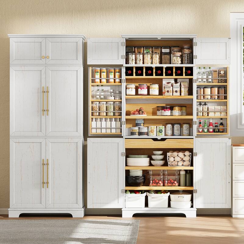 Roomfitters 78" Tall Farmhouse Kitchen Pantry Cabinet with 8 Door Shelves, Wine Rack & Hidden Drawer