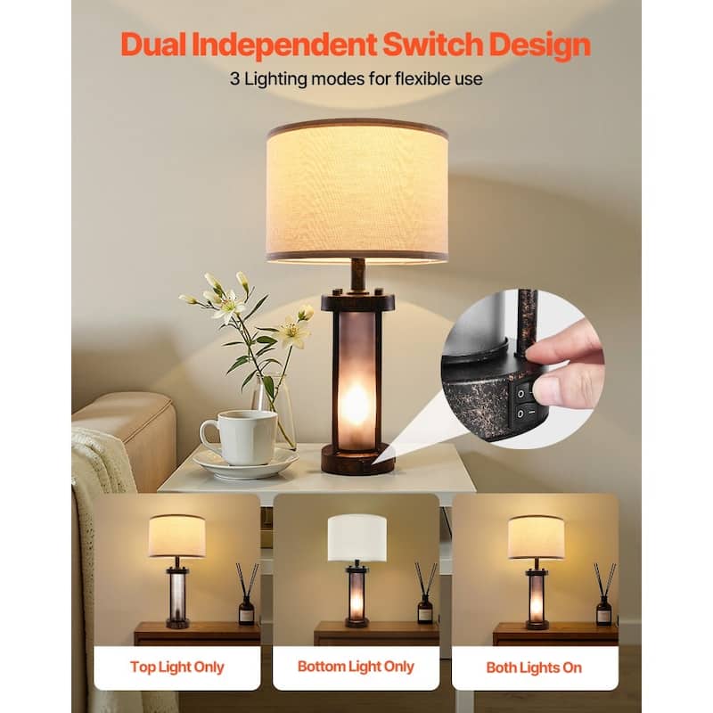 Set of 2 White-Black Table Lamp with Dual Lights USB-C, USB and AC Ports - 24.2 x 12.6 x 12.6 in