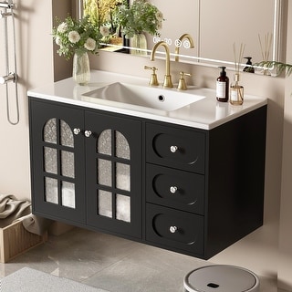 36 Inch Floating Bathroom Vanity With Sink Combo, Wall Mounted Storage Cabinet Soft Close Drawers Glossy White Solid Surface Basin Natural Oak Finish Moder