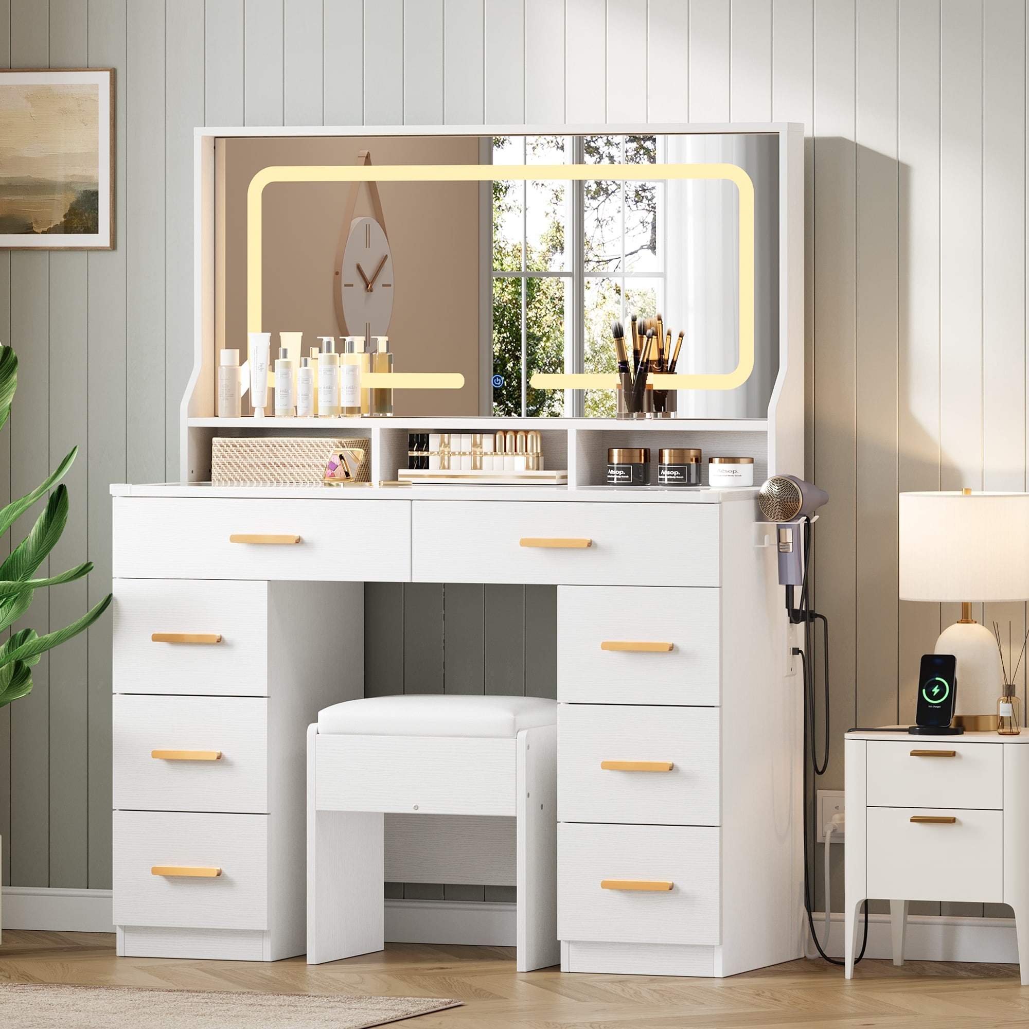 Vanity Desk with Mirror, Makeup Table with Glass Top & 8 Drawers