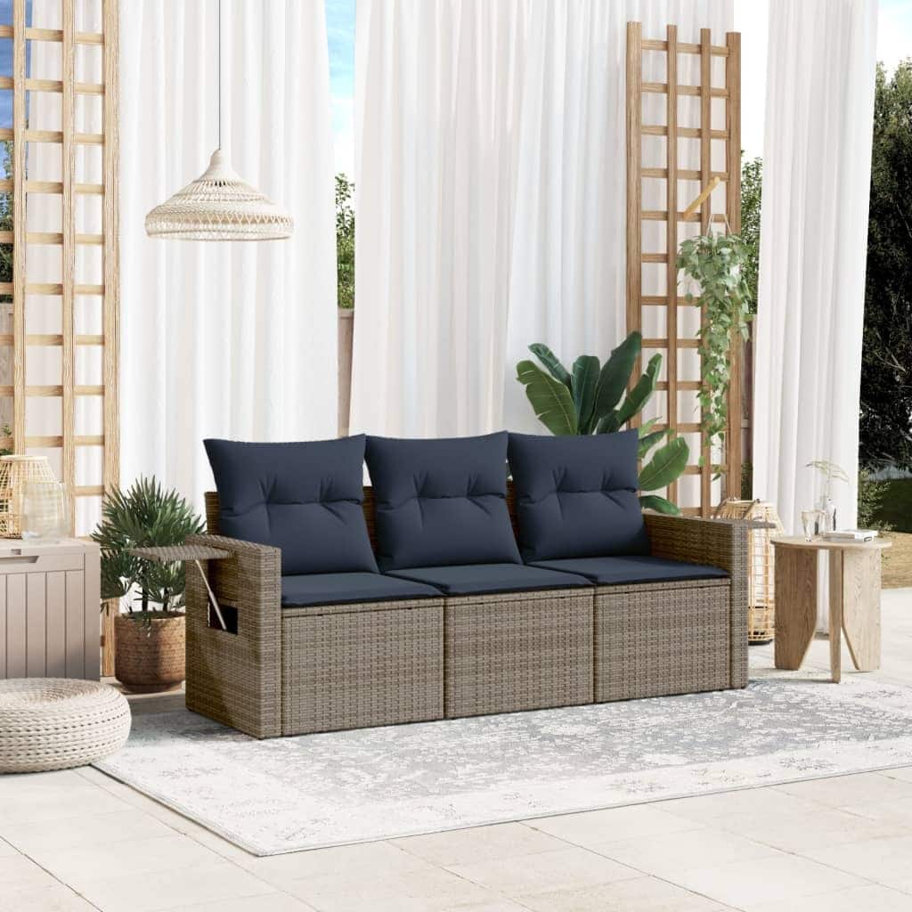 vidaXL 3 Piece Patio Sofa Set with Cushions Grey Poly Rattan - 21.7 x 24.4 x 27.2