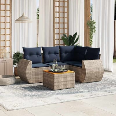vidaXL 5 Piece Patio Sofa Set with Cushions Gray Poly Rattan - 74x33.5x52.4