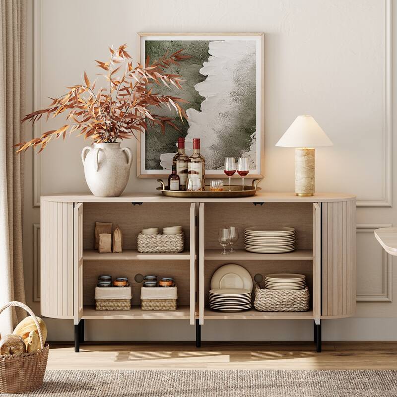 WAMPAT 66" Fluted Sideboard Buffet Cabinet,Wood Storage Cabinet with 4 Doors