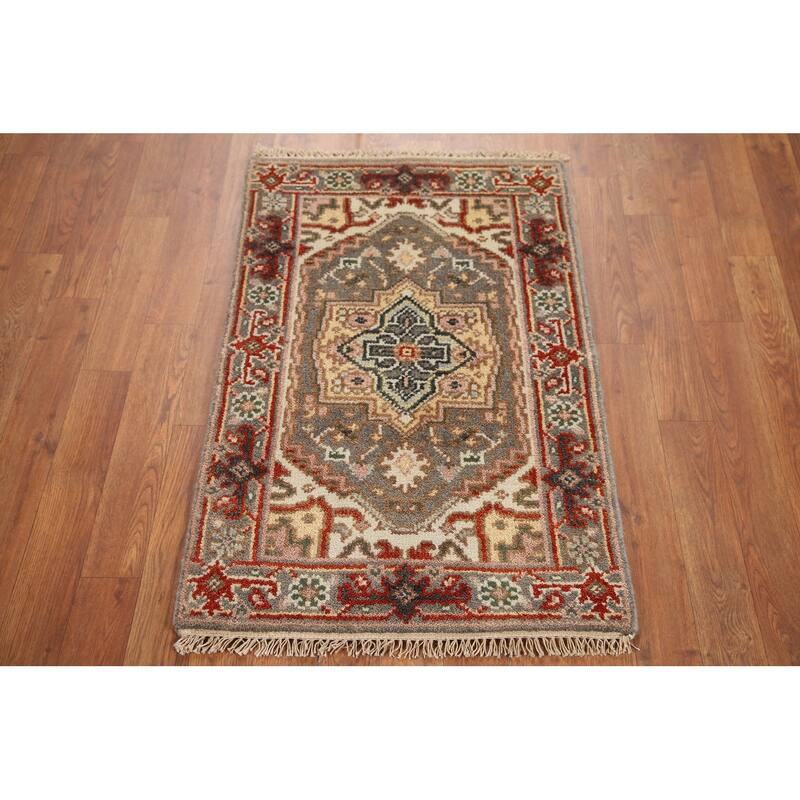 Hand Knotted Oriental 100% Wool Carpet Traditional Medallion Greys & Charcoal Heriz (serapi) Area Rug - 3' 0'' X 2' 0''