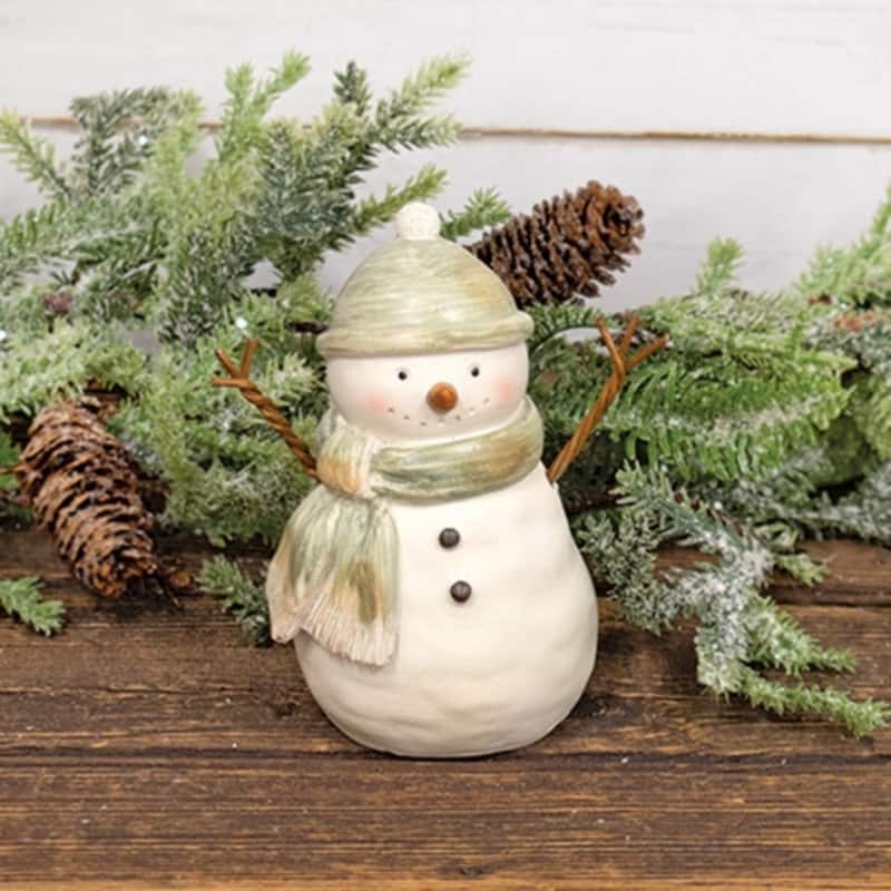Green White Resin Snowman Figurine with Winter Scarf, Hat and Twig Arms - 2.5 D x 3 W x 6 H in