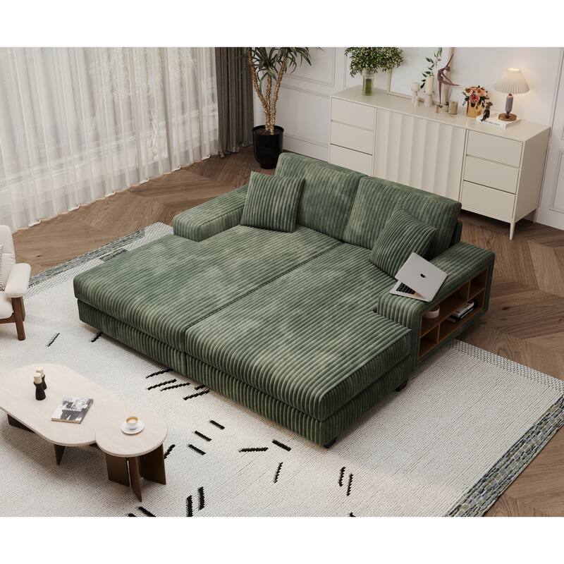 Convertible Combination Corduroy Sofa, Green, Wood Frame, 80x61x33 Inches