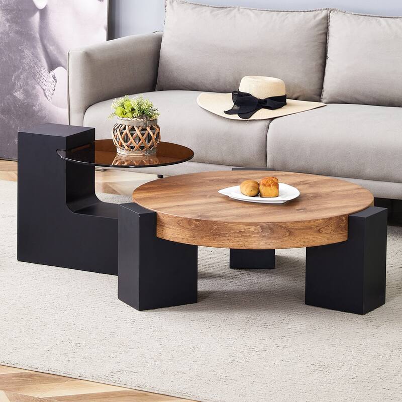 GDFStudio Kaelis Tempered Glass Coffee Table with Detachable Double-Layer Design - Black + Wood Color
