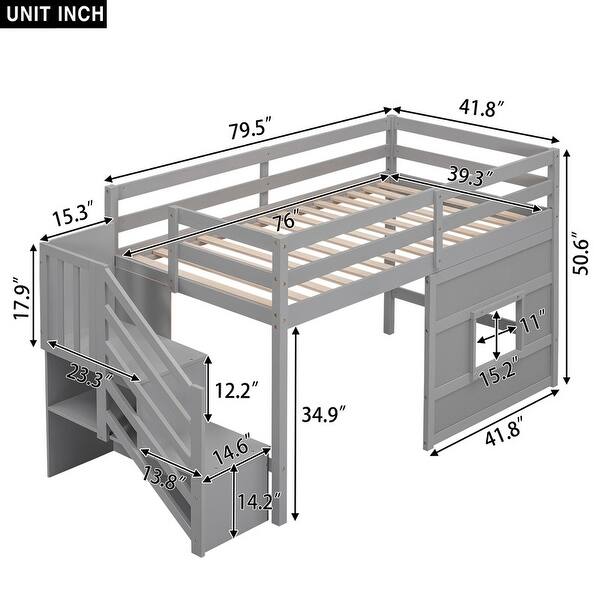 Elegant Twin Size Loft Bed with Storage Staircase and Window, Grey