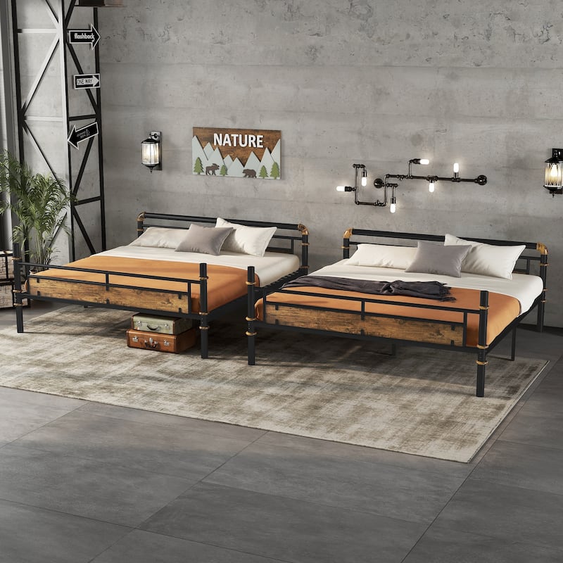 Queen over Queen Metal Bunk Bed, Industrial Detachable Bunkbeds with Safety Guard Rails for Teens, Black