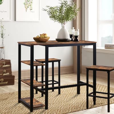 VEIKOUS Industrial High Bar Dining Table Set with Storage Shelves