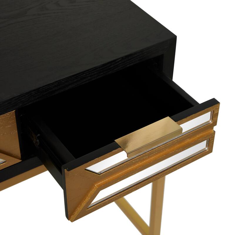 Black Wooden 3 Drawers Desk with Mirrored Front and Outlet